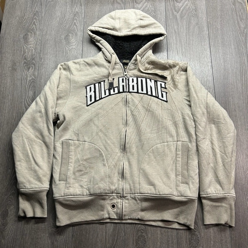 Billabong Vintage Sherpa Lined Zip Hoodie Grey Rising Sun Graphic Logo Large